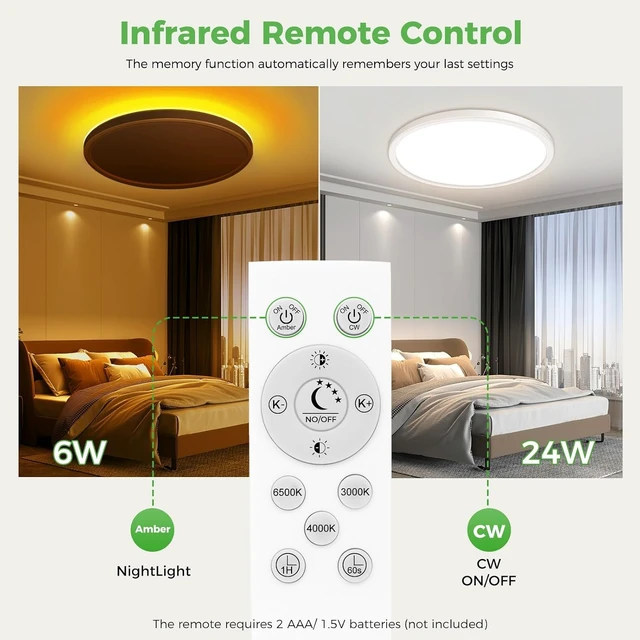 Alt view image 4 of 7 - zemty 12 Inch LED Ceiling Light with Night Light 1800K, 3000K/4000K/6500K Dimmable Light Fixtures with Remote Control,24W 2400lm Flush Mount Ceiling Lamp for Bedroom LivingRoom Bathroom Kitchen-White