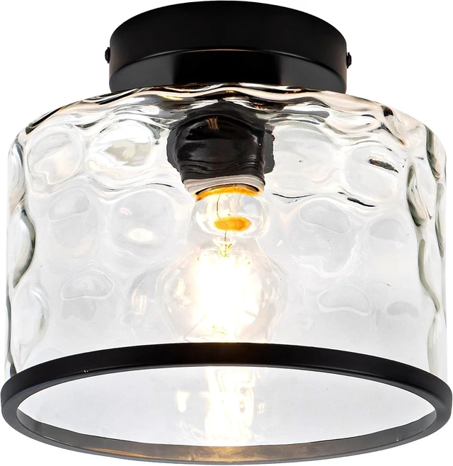 Main image of Zlepmlla Glass Ceiling Light, Black Semi Flush Mount with Hammered Glass Shade, Farmhouse Light Fixture for Hallway, Bathroom, Entryway, Kitchen,Living Room