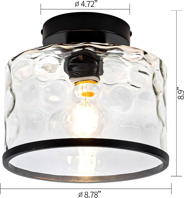 Alt view image 2 of 7 - Zlepmlla Glass Ceiling Light, Black Semi Flush Mount with Hammered Glass Shade, Farmhouse Light Fixture for Hallway, Bathroom, Entryway, Kitchen,Living Room