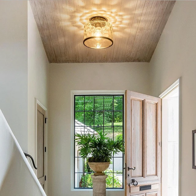 Alt view image 3 of 7 - Zlepmlla Glass Ceiling Light, Black Semi Flush Mount with Hammered Glass Shade, Farmhouse Light Fixture for Hallway, Bathroom, Entryway, Kitchen,Living Room