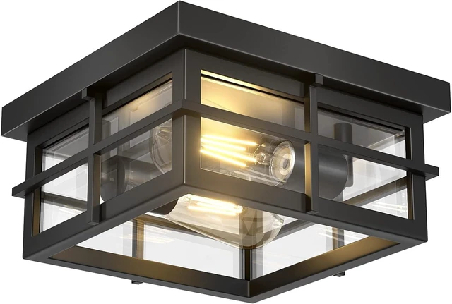 Main image of Asnxcju Modern Outdoor Ceiling Light Fixtures, 2-Light Black Flush Mount Light Fixtures with Clear Glass Shade, Farmhouse Square Ceiling Lighting for Porch Bathroom Kitchen (Bulbs Not Included)