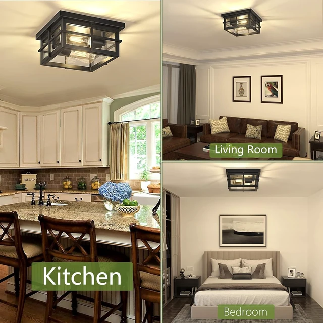 Alt view image 5 of 7 - Asnxcju Modern Outdoor Ceiling Light Fixtures, 2-Light Black Flush Mount Light Fixtures with Clear Glass Shade, Farmhouse Square Ceiling Lighting for Porch Bathroom Kitchen (Bulbs Not Included)