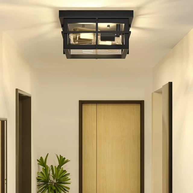 Alt view image 6 of 7 - Asnxcju Modern Outdoor Ceiling Light Fixtures, 2-Light Black Flush Mount Light Fixtures with Clear Glass Shade, Farmhouse Square Ceiling Lighting for Porch Bathroom Kitchen (Bulbs Not Included)