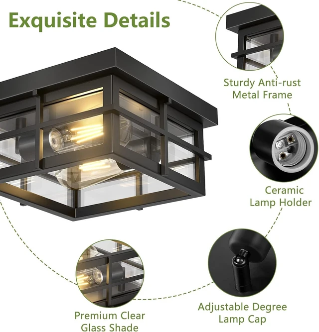Alt view image 7 of 7 - Asnxcju Modern Outdoor Ceiling Light Fixtures, 2-Light Black Flush Mount Light Fixtures with Clear Glass Shade, Farmhouse Square Ceiling Lighting for Porch Bathroom Kitchen (Bulbs Not Included)