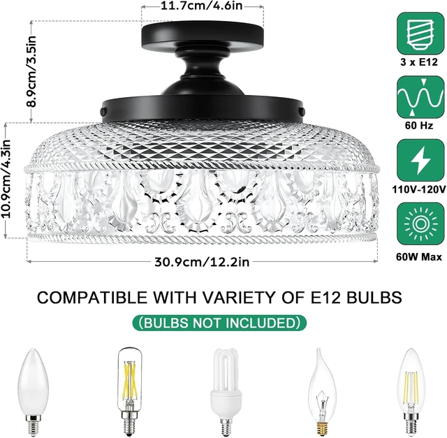 Alt view image 2 of 7 - Lamomo Semi Flush Mount Ceiling Light, Black Hallway Fixture, 12in
