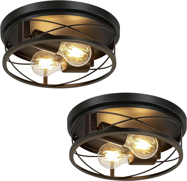 Main image of Farmhouse Lights,Black Industrial 2 Pack Round Metal Flush Mount Hallway & Bedroom Ceiling Lamp, Kitchen Round Lights (Bulbs Not Included)