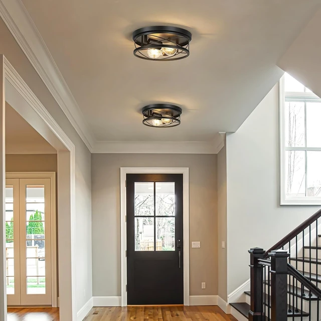 Alt view image 2 of 7 - Farmhouse Lights,Black Industrial 2 Pack Round Metal Flush Mount Hallway & Bedroom Ceiling Lamp, Kitchen Round Lights (Bulbs Not Included)