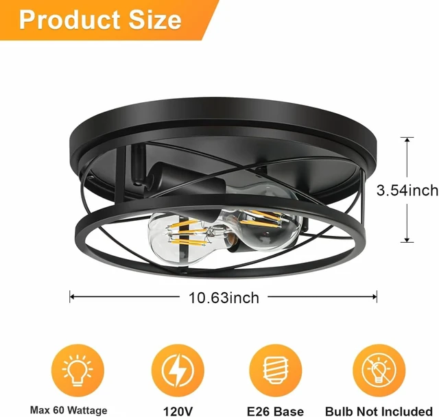 Alt view image 3 of 7 - Farmhouse Lights,Black Industrial 2 Pack Round Metal Flush Mount Hallway & Bedroom Ceiling Lamp, Kitchen Round Lights (Bulbs Not Included)