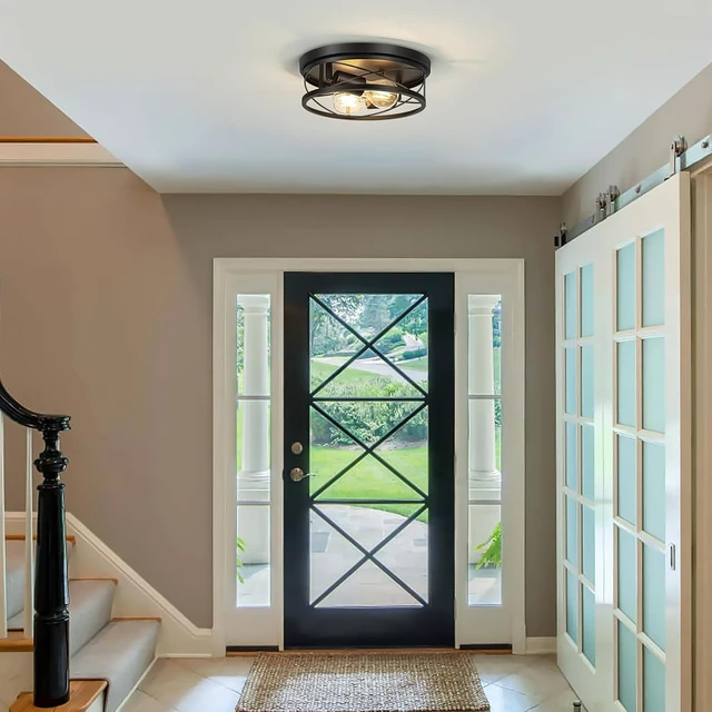 Alt view image 4 of 7 - Farmhouse Lights,Black Industrial 2 Pack Round Metal Flush Mount Hallway & Bedroom Ceiling Lamp, Kitchen Round Lights (Bulbs Not Included)
