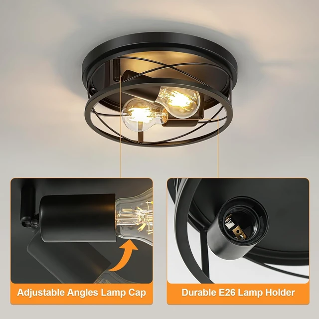 Alt view image 6 of 7 - Farmhouse Lights,Black Industrial 2 Pack Round Metal Flush Mount Hallway & Bedroom Ceiling Lamp, Kitchen Round Lights (Bulbs Not Included)