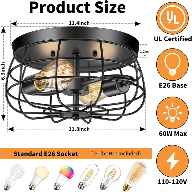 Alt view image 2 of 7 - Lomoky 2-Light Farmhouse Ceiling Light Fixtures, Industrial Hallway Light, Vintage Black Metal Cage Ceiling Lamp for Living Room, Kitchen, Bedroom