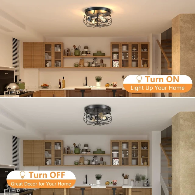 Alt view image 3 of 7 - Lomoky 2-Light Farmhouse Ceiling Light Fixtures, Industrial Hallway Light, Vintage Black Metal Cage Ceiling Lamp for Living Room, Kitchen, Bedroom