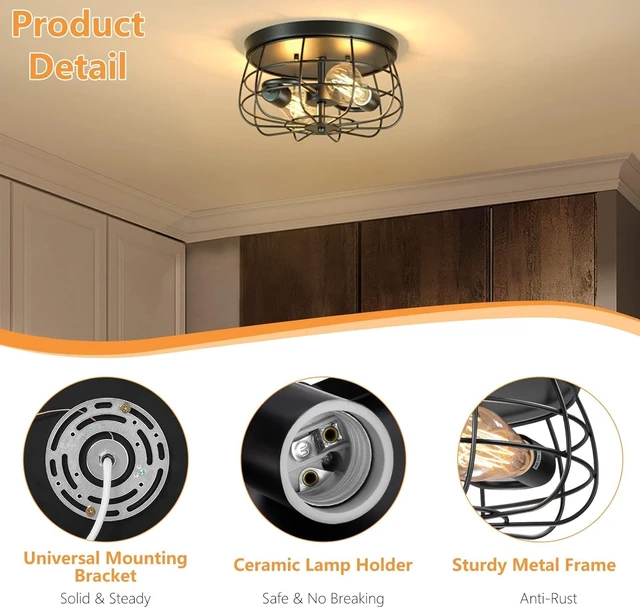 Alt view image 4 of 7 - Lomoky 2-Light Farmhouse Ceiling Light Fixtures, Industrial Hallway Light, Vintage Black Metal Cage Ceiling Lamp for Living Room, Kitchen, Bedroom