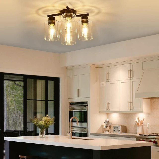 Alt view image 2 of 7 - Kitchen Lighting Fixtures Ceiling, Black Semi Flush Mount Ceiling Light, 4 Light Kitchen Light Fixtures Cieling Lights with Clear Glass Shade for Bedroom Foyer Farmhouse Hallway