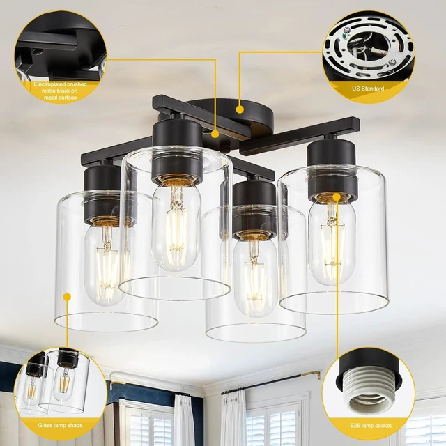 Alt view image 4 of 7 - Kitchen Lighting Fixtures Ceiling, Black Semi Flush Mount Ceiling Light, 4 Light Kitchen Light Fixtures Cieling Lights with Clear Glass Shade for Bedroom Foyer Farmhouse Hallway