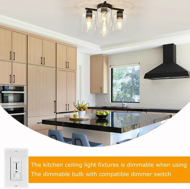 Alt view image 6 of 7 - Kitchen Lighting Fixtures Ceiling, Black Semi Flush Mount Ceiling Light, 4 Light Kitchen Light Fixtures Cieling Lights with Clear Glass Shade for Bedroom Foyer Farmhouse Hallway