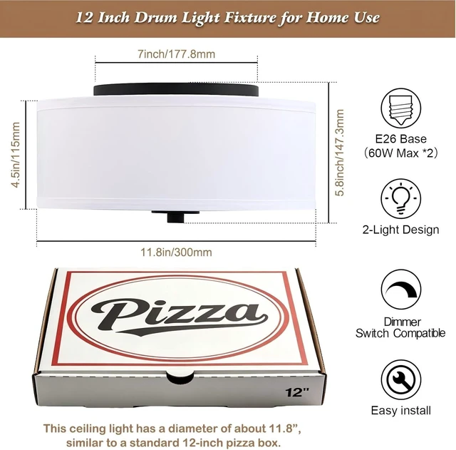 Alt view image 2 of 7 - 2-Light Flush Mount Ceiling Light Fixture, 12 Modern Close to Ceiling Light with White Fabric Drum Shade, Round Ceiling Light for Bedroom Hallway Living Room Bathroom Dining Kitchen