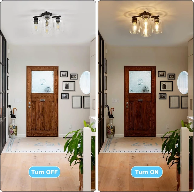 Alt view image 7 of 7 - Kitchen Lighting Fixtures Ceiling, Black Semi Flush Mount Ceiling Light, 4 Light Kitchen Light Fixtures Cieling Lights with Clear Glass Shade for Bedroom Foyer Farmhouse Hallway