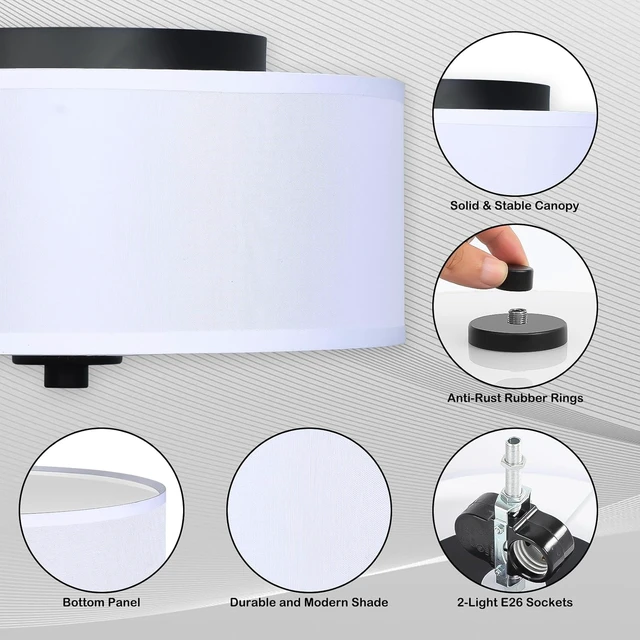 Alt view image 3 of 7 - 2-Light Flush Mount Ceiling Light Fixture, 12 Modern Close to Ceiling Light with White Fabric Drum Shade, Round Ceiling Light for Bedroom Hallway Living Room Bathroom Dining Kitchen
