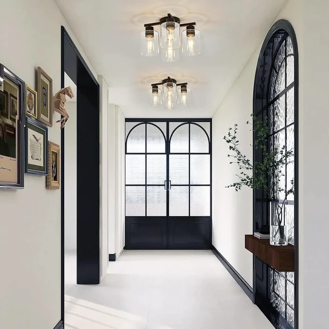 Alt view image 5 of 7 - Kitchen Lighting Fixtures Ceiling, Black Semi Flush Mount Ceiling Light, 4 Light Kitchen Light Fixtures Cieling Lights with Clear Glass Shade for Bedroom Foyer Farmhouse Hallway