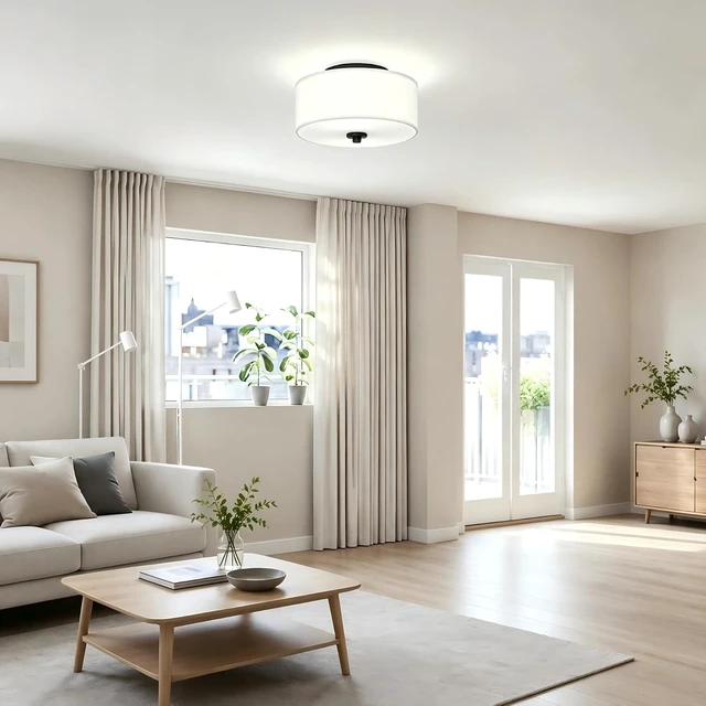 Alt view image 5 of 7 - 2-Light Flush Mount Ceiling Light Fixture, 12 Modern Close to Ceiling Light with White Fabric Drum Shade, Round Ceiling Light for Bedroom Hallway Living Room Bathroom Dining Kitchen