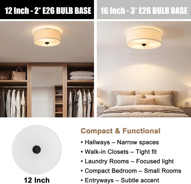 Alt view image 7 of 7 - 2-Light Flush Mount Ceiling Light Fixture, 12 Modern Close to Ceiling Light with White Fabric Drum Shade, Round Ceiling Light for Bedroom Hallway Living Room Bathroom Dining Kitchen