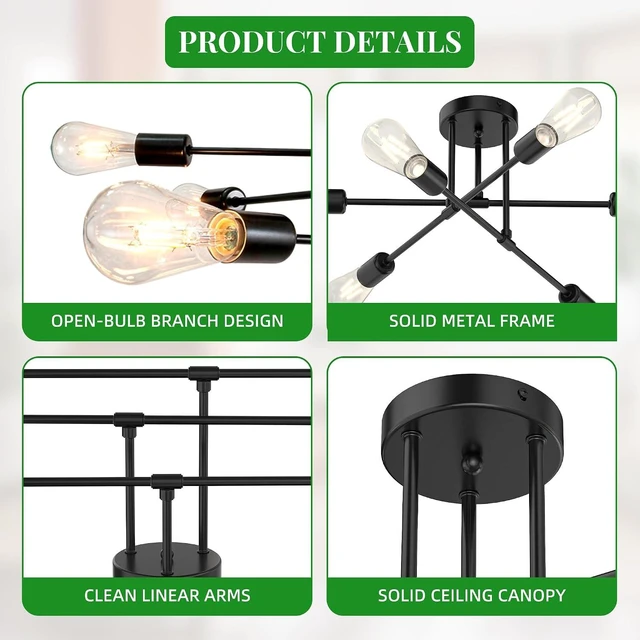 Alt view image 6 of 7 - Phaosio 22" Modern Sputnik Chandelier,6-Light Ceiling Lights Fixture Black