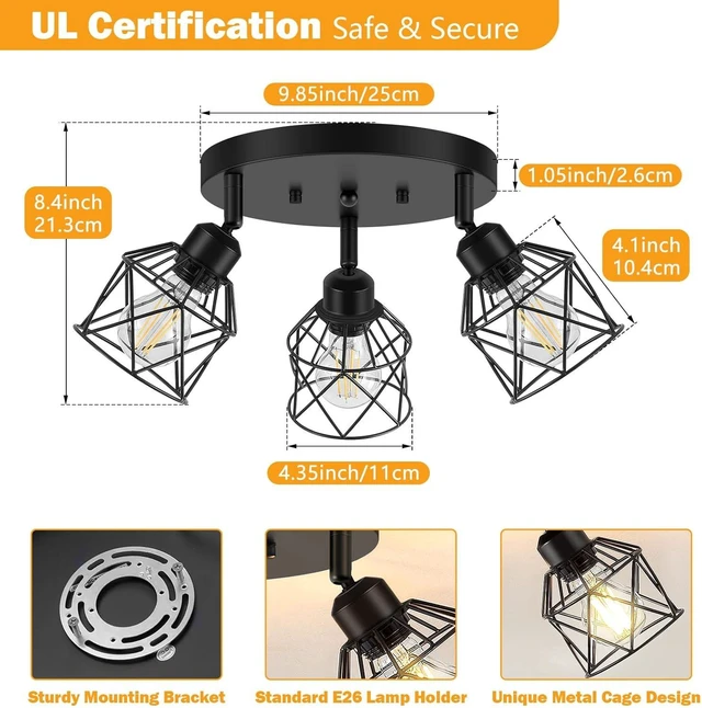 Alt view image 3 of 7 - Baocuz 3-Light Kitchen Flush Mount Ceiling Light, Adjustable Multi-Directional Ceiling Light Fixture, Farmhouse Black Metal Cage Close to Ceiling Lamp for Dining Room Bedroom Hallway