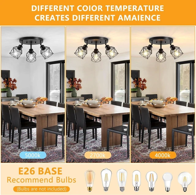 Alt view image 2 of 7 - Baocuz 3-Light Kitchen Flush Mount Ceiling Light, Adjustable Multi-Directional Ceiling Light Fixture, Farmhouse Black Metal Cage Close to Ceiling Lamp for Dining Room Bedroom Hallway