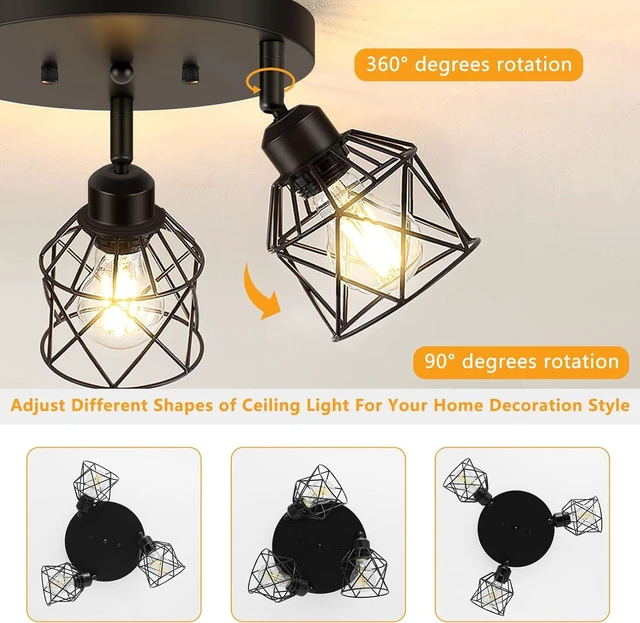 Alt view image 4 of 7 - Baocuz 3-Light Kitchen Flush Mount Ceiling Light, Adjustable Multi-Directional Ceiling Light Fixture, Farmhouse Black Metal Cage Close to Ceiling Lamp for Dining Room Bedroom Hallway