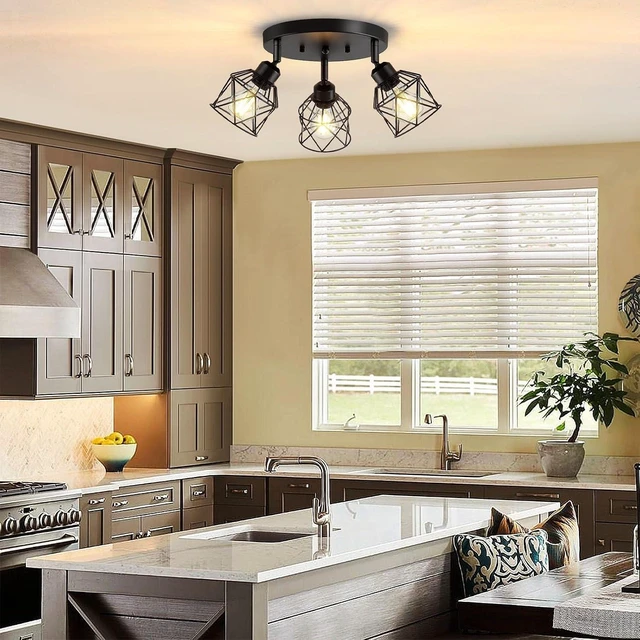 Alt view image 5 of 7 - Baocuz 3-Light Kitchen Flush Mount Ceiling Light, Adjustable Multi-Directional Ceiling Light Fixture, Farmhouse Black Metal Cage Close to Ceiling Lamp for Dining Room Bedroom Hallway