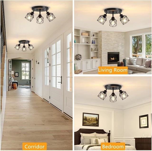 Alt view image 7 of 7 - Baocuz 3-Light Kitchen Flush Mount Ceiling Light, Adjustable Multi-Directional Ceiling Light Fixture, Farmhouse Black Metal Cage Close to Ceiling Lamp for Dining Room Bedroom Hallway