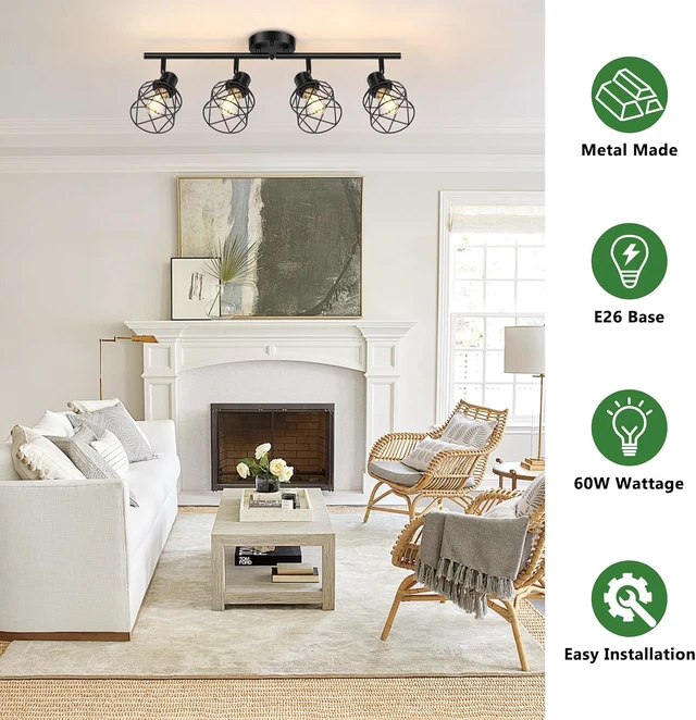 Alt view image 3 of 7 - Baocuz 4-Lights Semi Flush Mount Ceiling Light, Adjustable Multi-Directional Light Fixtures, Rotatable Farmhouse Light Fixtures Mount with Metal Cage for Dining Room, Living Room