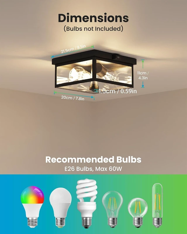 Alt view image 5 of 7 - Outdoor Ceiling Light with Motion Sensor, Flush Mount Porch Light, Exterior Light Fixture with Clear Glass, Dusk to Dawn 2-Light Fixture for Patio,Porch (8.5 in)