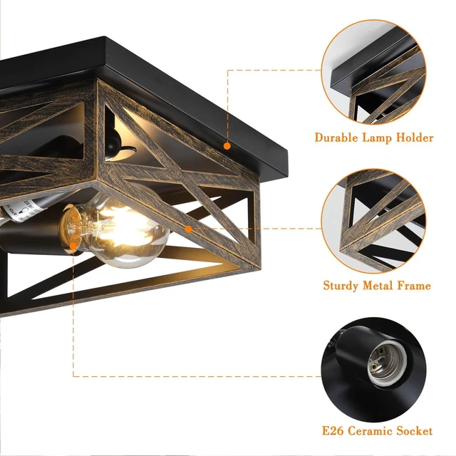 Alt view image 5 of 7 - 2Pack Rustic Flush Mount Ceiling Light Fixture, Modern Farmhouse Light Fixture, Kitchen Hallway Light Fixtures for Bedroom,Dining Room Entryway,Industrial Metal Cage Ceiling Light