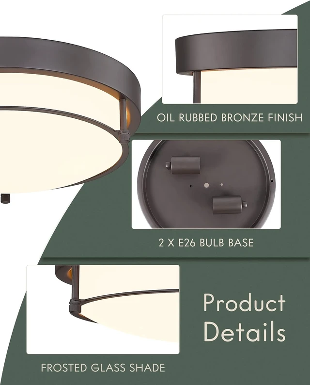 Alt view image 4 of 7 - 12 inch Flush Mount Ceiling Light, 2-Light Close to Ceiling Light Fixtures with Oil Rubbed Bronze Finish for Bathroom Bedroom Kitchen Hallway, 4822-ORB