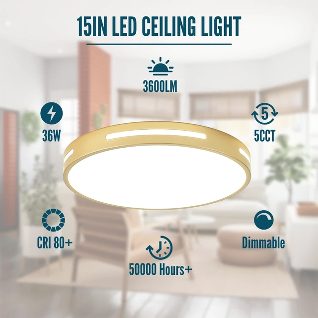 Alt view image 2 of 7 - Gold LED Ceiling Light Fixture Flush Mount 15 inch 36W Set of 2, Dimmable Kitchen Lighting Fixtures LED, Modern Light Fixtures Ceiling Mount for Bedroom, Bathroom, Living Room