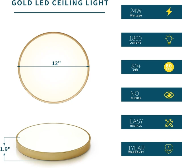 Alt view image 3 of 7 - Gold Flush Mount Ceiling Light Fixture LED,24W Bedroom Light Fixture Ceiling Mount Dimmable Set of 2,12 inch Close to Ceiling Light Fixture 5CCT for Kitchen, Bathroom, Living Room