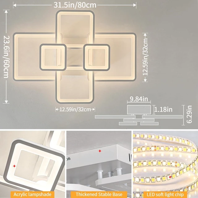 Alt view image 4 of 7 - Shine LUEST Modern LED Ceiling Lights for Bedroom Dimmable Modern 6 Ring Square Ceiling Lights for Living Room with Remote Control White Bedroom Ceiling Lamp Fixures for Kitchen,Bathroom,Balcony