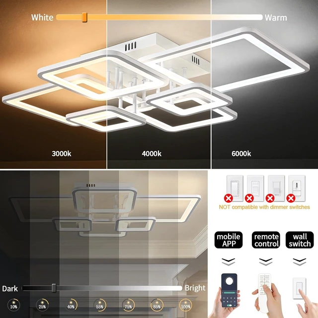 Alt view image 5 of 7 - Shine LUEST Modern LED Ceiling Lights for Bedroom Dimmable Modern 6 Ring Square Ceiling Lights for Living Room with Remote Control White Bedroom Ceiling Lamp Fixures for Kitchen,Bathroom,Balcony