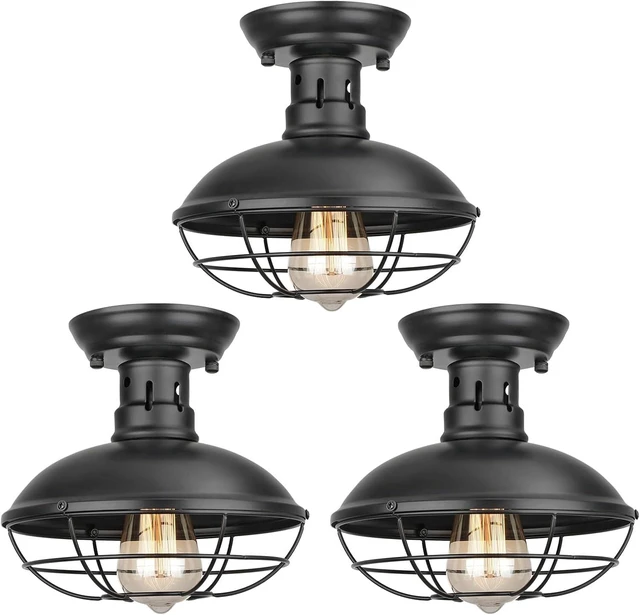 Main image of FRIDEKO HOME 3 Pack Flush Mount Ceiling Light Industrial Farmhouse Ceiling Light Fixture Rustic Copper Metal Cage Flush Mount Light Fixture E26 Base for Hallway Foyer Kitchen Porch Black