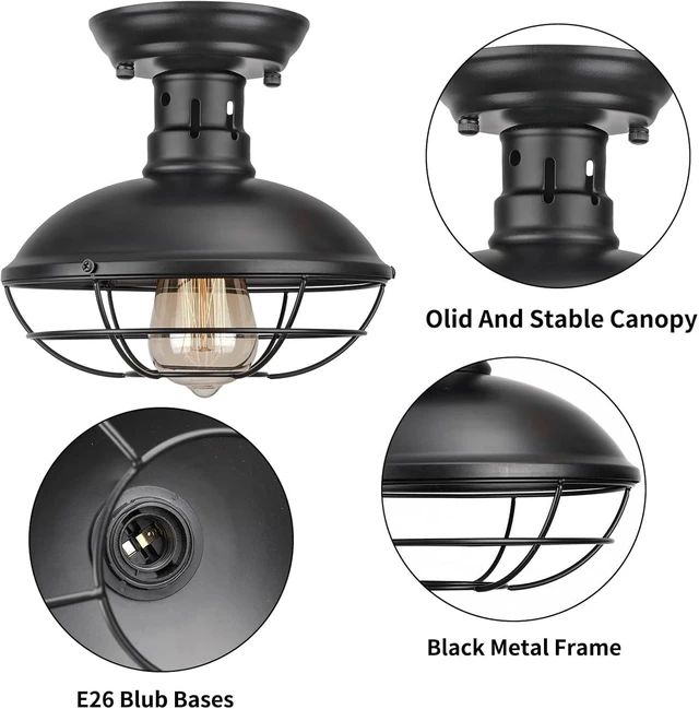 Alt view image 4 of 7 - FRIDEKO HOME 3 Pack Flush Mount Ceiling Light Industrial Farmhouse Ceiling Light Fixture Rustic Copper Metal Cage Flush Mount Light Fixture E26 Base for Hallway Foyer Kitchen Porch Black