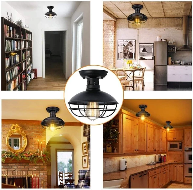 Alt view image 3 of 7 - FRIDEKO HOME 3 Pack Flush Mount Ceiling Light Industrial Farmhouse Ceiling Light Fixture Rustic Copper Metal Cage Flush Mount Light Fixture E26 Base for Hallway Foyer Kitchen Porch Black