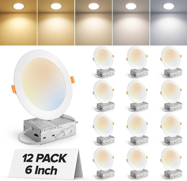 Main image of MAILCOS 12 Pack 6 Inch 5CCT Ultra-Thin LED Recessed Ceiling Light with Junction Box, 2700K-5000K Selectable, 1050LM High Brightness, Dimmable Canless Wafer Downlight, 12W 120V, ETL