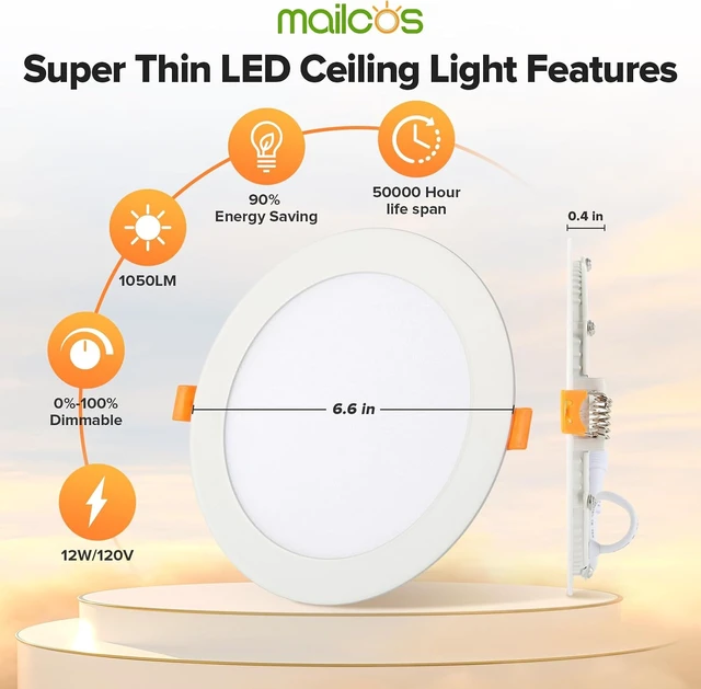 Alt view image 4 of 7 - MAILCOS 12 Pack 6 Inch 5CCT Ultra-Thin LED Recessed Ceiling Light with Junction Box, 2700K-5000K Selectable, 1050LM High Brightness, Dimmable Canless Wafer Downlight, 12W 120V, ETL