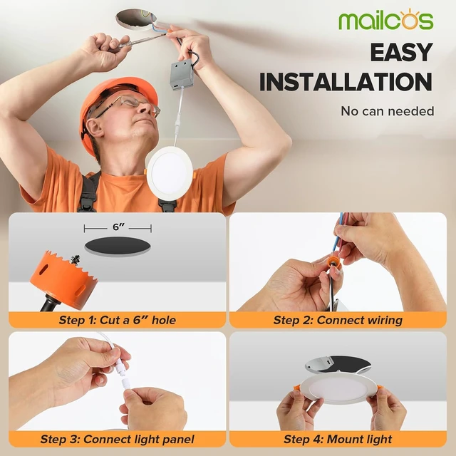 Alt view image 5 of 7 - MAILCOS 12 Pack 6 Inch 5CCT Ultra-Thin LED Recessed Ceiling Light with Junction Box, 2700K-5000K Selectable, 1050LM High Brightness, Dimmable Canless Wafer Downlight, 12W 120V, ETL