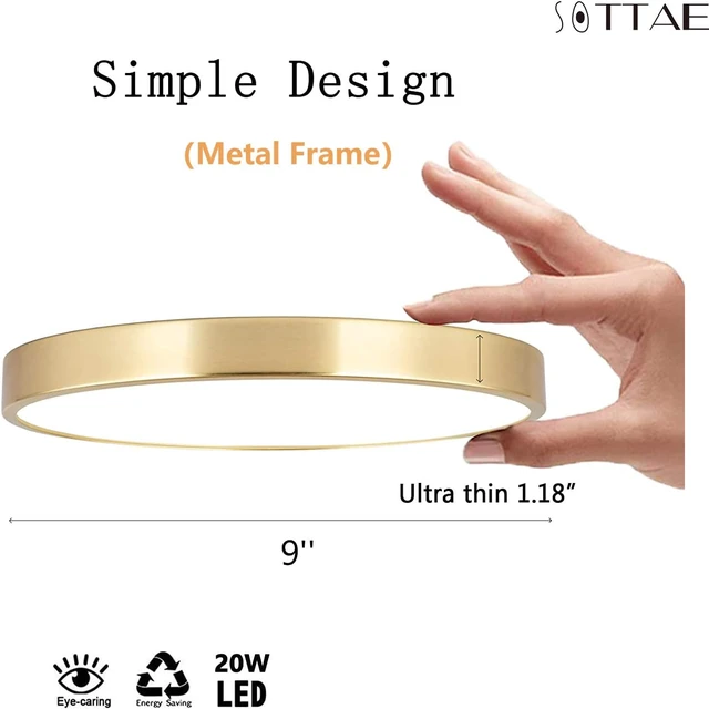 Alt view image 3 of 7 - SOTTAE 2 Pack 9 Inch Brushed Gold Metal Flush Mount LED Ceiling Light,3000K-5000K Thin Round Low Profile Ceiling Lamp,Modern Surface Mount Ceiling Light Fixtures for Bedroom Hallway Bathroom