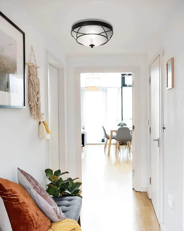 Alt view image 6 of 7 - 12" Black Classic Dome Ceiling Light Flush Mount, 2-Light Bronze Lighting Fixtures, Frosted Glass Farmhouse Ceiling Lamp for Living Room Kitchen Bedroom Hallway Entryway Staircase