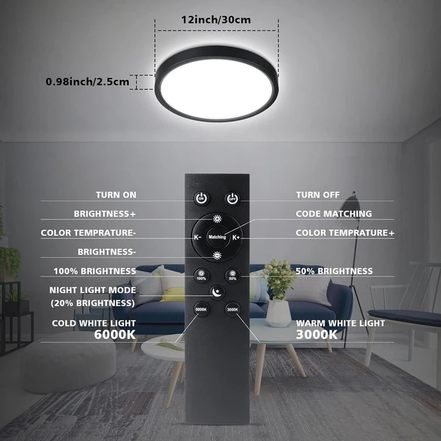 Alt view image 7 of 7 - Unicozin Dimmable LED Flush Mount Ceiling Light with Remote Control, Wired 3000K-6000K Color Changing, 12Inch 24W(150W Equiv) 2200LM, Round Flat Ceiling Lamp Black for Bedroom, Living Room, Kitchen