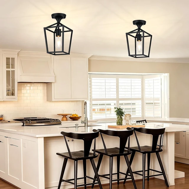 Alt view image 5 of 7 - Flush Mount Ceiling Light Fixture, Matte Black Industrial Farmhouse Cage
